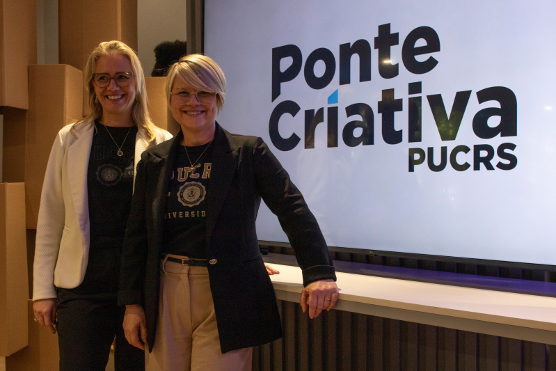 Giordano Toldo
Denise Pagnussatt, coordenadora da Ponte Criativa, e Rosângela Florczak, decana da Famecos, no lançamento da iniciativa na PUCRS