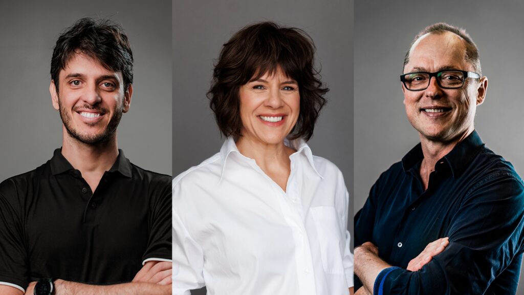 Matheus Dellagnelo, CEO Américas da Indicium AI; Kelly Manthey, CEO Global da Indicium AI; e Jacob Parsons, CEO Europa da Indicium AI – Foto: Divulgação